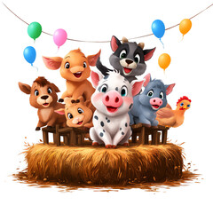 Cute cartoon farm animals celebrating together.