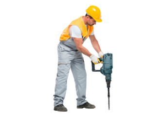Construction worker operating jackhammer for safety and equipment concept on transparent background, PNG