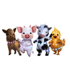 Cute animated farm animals in colorful attire.