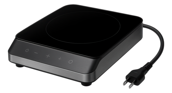 Portable glass-ceramic stove with a detachable power cord, ideal for flexible use in a vacation home.