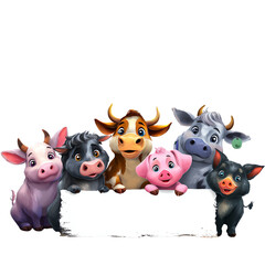 Cheerful cartoon farm animals with blank sign.