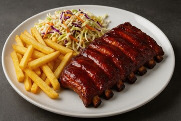 Delicious pork ribs served with crispy fries and fresh coleslaw