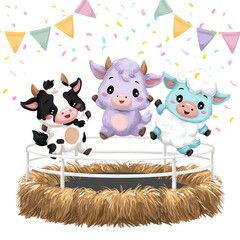 Cute cartoon animals celebrating on a stage.