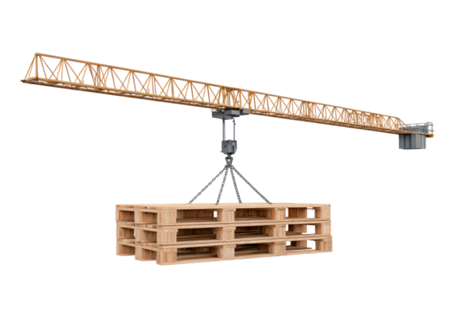 Construction crane lifting wooden pallets on transparent background, PNG