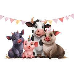 Cute farm animals celebrating a festive occasion.