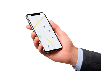 Hand holding smartphone with gps navigation app for travel planning and directions on transparent background, PNG