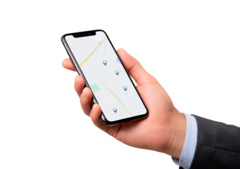 Hand holding smartphone with gps navigation app for travel planning and directions on transparent background, PNG