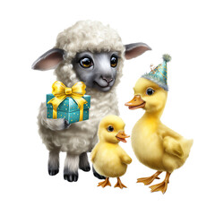 Cute animals celebrating with gifts