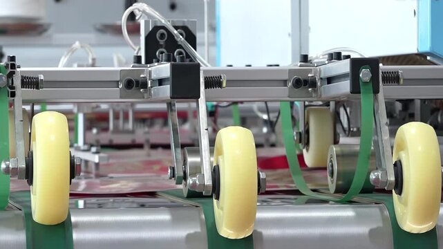 The operation of automated plastic bag production machine. automatic filling packing equipment for goods or food in manufacturing process, plastic bag ready for distribution after production rice mill