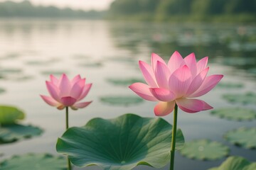 Vivid pink lotus blossoms emerging from the water