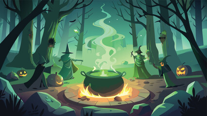 Witches brewing potion in cauldron around campfire in spooky forest with pumpkins and dark trees