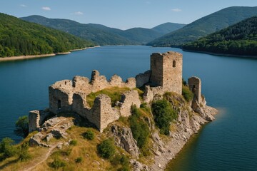 Obraz premium Ancient fortress remains along the southern shoreline of a reservoir close to a small town