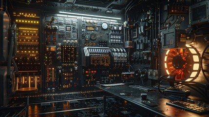 Photorealistic dark wallpaper of a quantum computer's interior