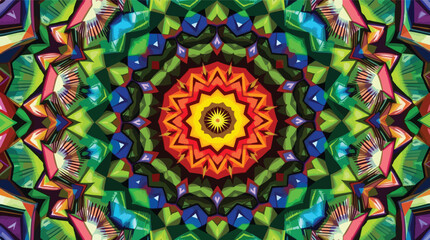 Vibrant kaleidoscope design with geometric shapes in bright rainbow color palette illustration.