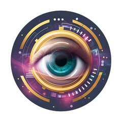 Futuristic eye with digital technology elements.
