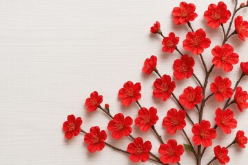 Soft crimson silk blossoms displayed on a white wooden surface