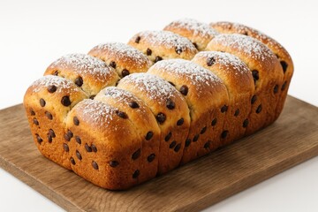 Delicious Pull Apart Bread topped with chocolate drops and powdered sugar on a plain white background with selective focus