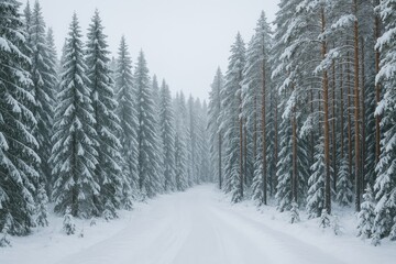 Frosty evergreen woodland with diverse tree species
