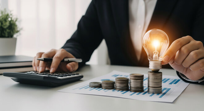 A person uses a calculator next to a glowing lightbulb on stacked coins, symbolizing financial planning, cost-saving ideas, and profitable innovation
