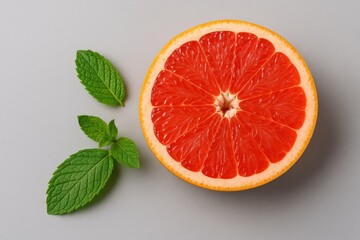 Juicy grapefruit slices resting on a neutral surface with fresh citrus and mint leaves close-up