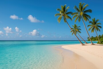 Tropical lagoon with lush palm foliage and serene waters