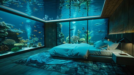 Underwater hotel luxury room, aquatic bedroom in aquarium