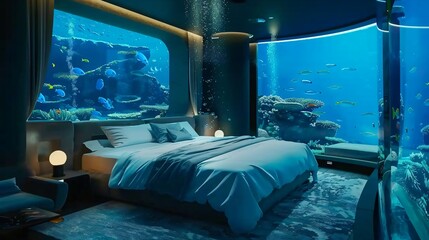 Underwater hotel luxury room, aquatic bedroom in aquarium