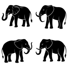Obraz premium Four black silhouette elephants with trunks and tusks facing different directions on white background
