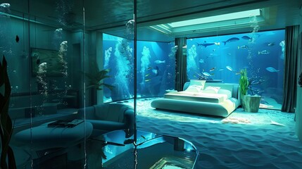 Underwater hotel luxury room, aquatic bedroom in aquarium