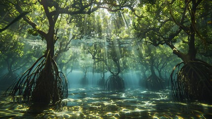 Underwater mangrove forest flooded trees, diverse ecology
