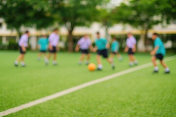 Fototapeta premium Out-of-focus scene of students engaging in soccer on a school field
