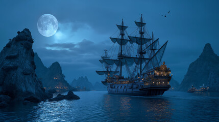 Majestic Galleon Ship Sailing Through Misty Tropical Bay at Night, Detailed Illustration of Historical Vessel