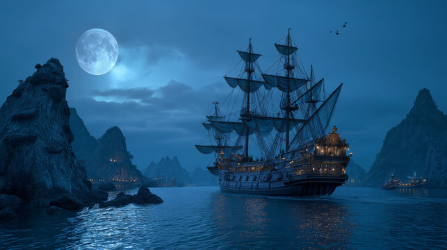 Majestic Galleon Ship Sailing Through Misty Tropical Bay at Night, Detailed Illustration of Historical Vessel