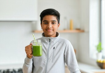Teenage boy of South Asian descent holds a glass jar filled with a green smoothie in modern kitchen.