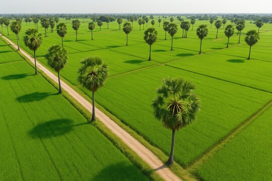 Aerial perspective of a rice field bordered by sugar palms along the dike