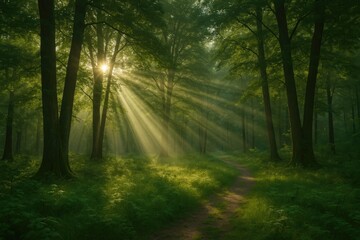 Obraz premium Beautiful landscape featuring sunlight filtering through dense foliage