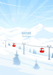 Winter mountain landscape. Snow-covered mountains and trees. Cable car with funicular, lift leading up. Concept of winter sports, skiing and snowboarding. Vector illustration. Hand drawn, not AI.