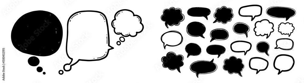 Fototapete speech bubble doodle talk frame icon set. hand drawn speech dialog doodle balloon. children line com