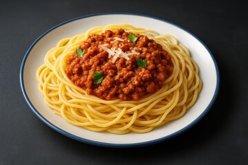 Fototapeta premium Close-up of spaghetti with rich meat sauce on a dark surface