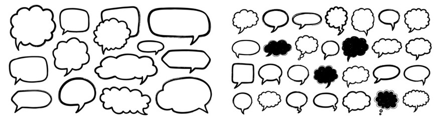 Obraz premium Line speech bubble text frame chat set. Hand drawn brush talk comment box frame. Comic style japan design conversation text dialog balloon, simple doodle thinking cloud. Vector illustration