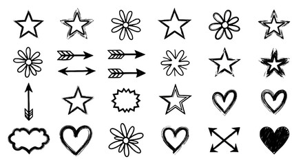 Hand-Drawn Doodle Icon Set &ndash; Stars, Hearts, Arrows, Flowers, and Speech Bubbles in Black and White