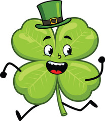 Happy cartoon four-leaf clover character wearing a green leprechaun hat, cheerfully running, isolated on white background, celebrating good luck.