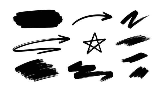 Brush line stroke arrow shape star icon set. Hand drawn scribble paint shape line sketch background. Crayon brush star burst, arrow, zigzag black white background. Vector illustration
