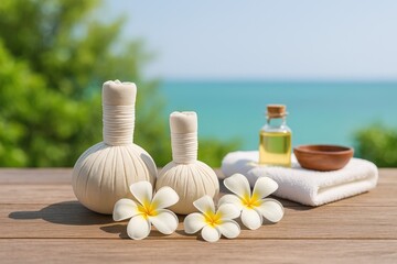Relaxing spa treatment with herbal compress balls on a wooden surface