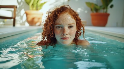 Summer immersion wellness experience with freckled woman relaxing in therapeutic cold water treatment