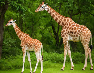 Obraz premium A giraffe with her baby in a beautiful green forest.