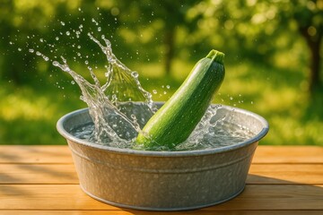 Gentle splash as zucchini drops into basin with blurred background