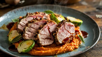 Acorn fed pork tenderloin medallions with herb crust served over sweet potato puree with Brussels sprouts and sage garnish on rustic blue ceramic plate