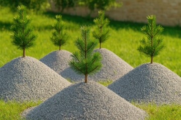 Young conifers growing on gravel mounds - Photo