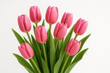 Fototapeta premium Vivid pink tulip arrangement on a white backdrop for spring decor
